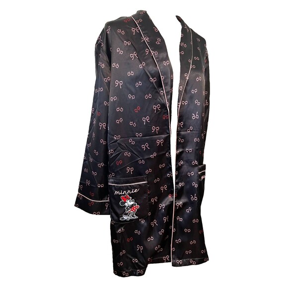 DISNEY Minnie Mouse Satin Kimono Robe Women's S Embroidered Pockets Black Pink - Picture 2 of 11